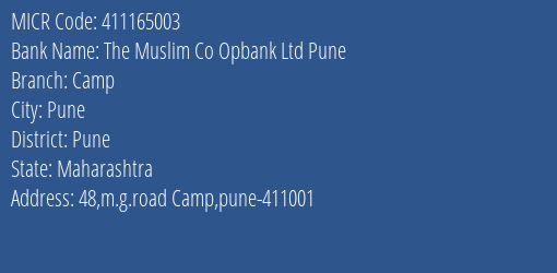 The Muslim Co Opbank Ltd Pune Camp MICR Code