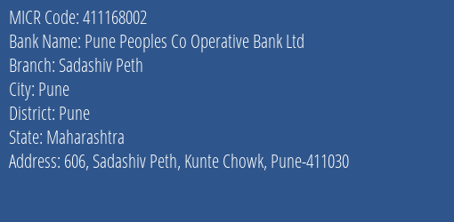 Pune Peoples Co Operative Bank Ltd Sadashiv Peth MICR Code