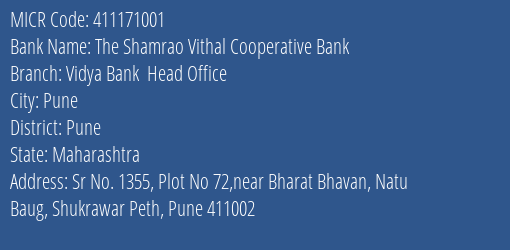 Vidya Bank Head Office MICR Code