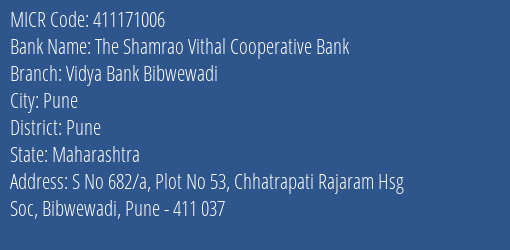 Vidya Bank Bibwewadi MICR Code