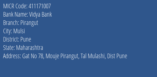 Vidya Bank Pirangut MICR Code