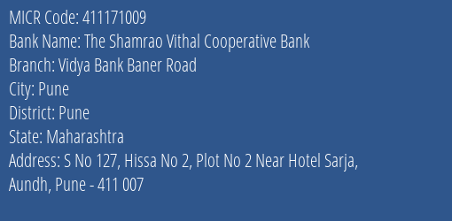 Vidya Bank Baner Road MICR Code