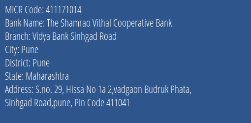 Vidya Bank Sinhgad Road MICR Code