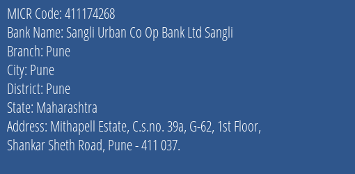 Sangli Urban Co Op Bank Ltd Sangli Pune MICR Code