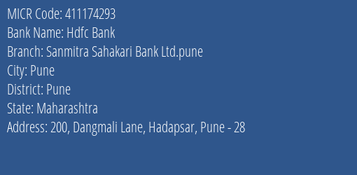 Sanmitra Sahakari Bank Ltd Hadapsar MICR Code
