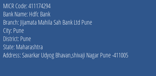 Jijamata Mahila Sahakari Bank Ltd Pune Shivaji Nagar MICR Code