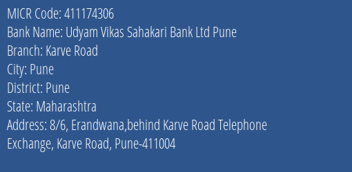 Udyam Vikas Sahakari Bank Ltd Pune Karve Road MICR Code