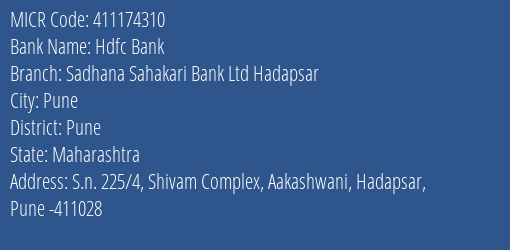 Sadhana Sahakari Bank Ltd Aakashwani Hadapsar MICR Code