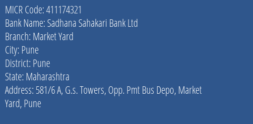 Sadhana Sahakari Bank Ltd Market Yard MICR Code