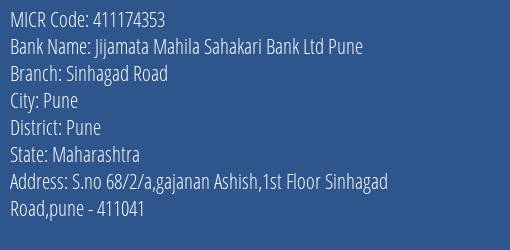 Jijamata Mahila Sahakari Bank Ltd Pune Sinhagad Road MICR Code