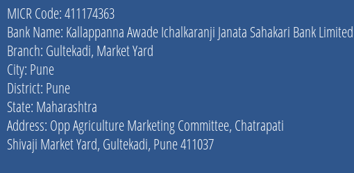 Kallappanna Awade Ichalkaranji Janata Sahakari Bank Limited Gultekadi Market Yard MICR Code