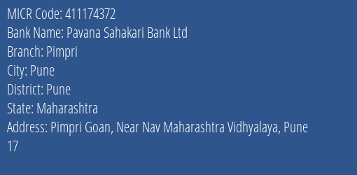 Pavana Sahakari Bank Ltd Pimpri MICR Code