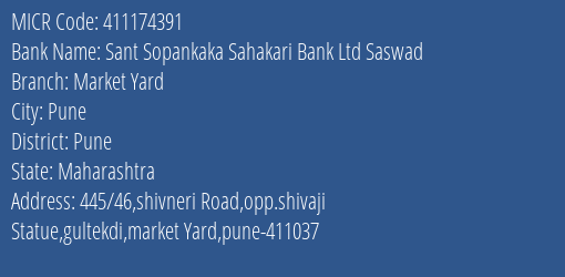Sant Sopankaka Sahakari Bank Ltd Saswad Market Yard MICR Code