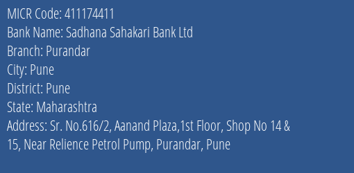 Sadhana Sahakari Bank Ltd Purandar MICR Code