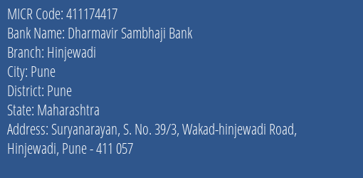 Dharmavir Sambhaji Bank Hinjewadi MICR Code
