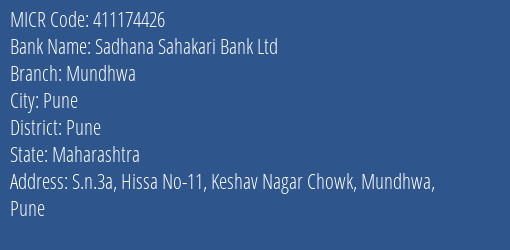 Sadhana Sahakari Bank Ltd Mundhwa MICR Code