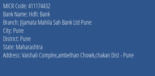 Jijamata Mahila Sahakari Bank Ltd Pune Vaishali Complex Ambethan Chowk Chakan Dist Pune MICR Code