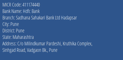Sadhana Sahakari Bank Ltd Sinhgad Road MICR Code