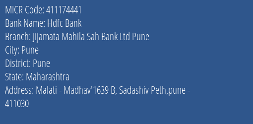 Jijamata Mahila Sahakari Bank Ltd Pune Malati Madhav MICR Code