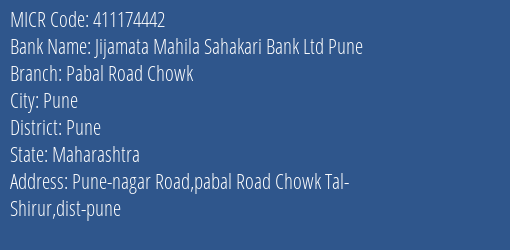 Jijamata Mahila Sahakari Bank Ltd Pune Pabal Road Chowk MICR Code
