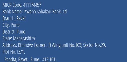 Pavana Sahakari Bank Ltd Ravet MICR Code