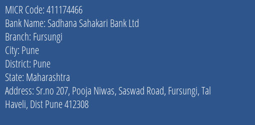 Sadhana Sahakari Bank Ltd Fursungi MICR Code
