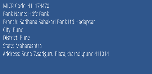 Sadhana Sahakari Bank Ltd Kharadi MICR Code
