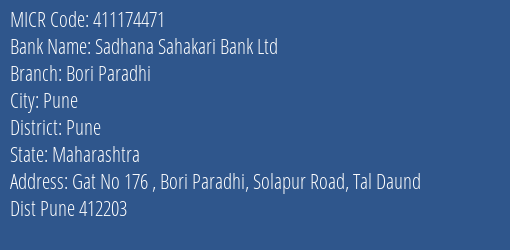 Sadhana Sahakari Bank Ltd Bori Paradhi MICR Code