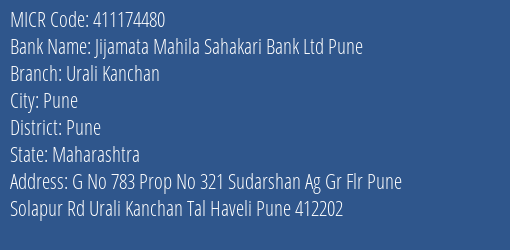 Jijamata Mahila Sahakari Bank Ltd Pune Urali Kanchan MICR Code