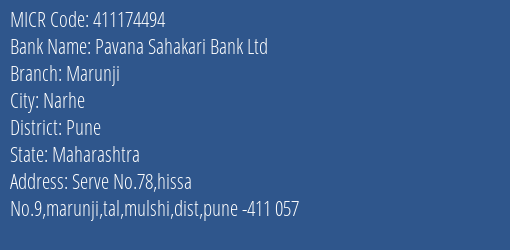 Pavana Sahakari Bank Ltd Marunji MICR Code