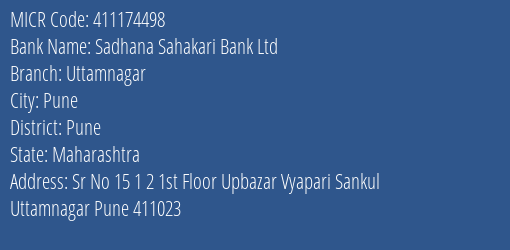 Sadhana Sahakari Bank Ltd Uttamnagar MICR Code