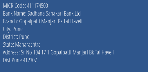 Sadhana Sahakari Bank Ltd Gopalpatti Manjari Bk Tal Haveli MICR Code