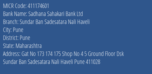 Sadhana Sahakari Bank Ltd Sundar Ban Sadesatara Nali Haveli MICR Code