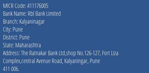 Rbl Bank Limited Kalyaninagar MICR Code