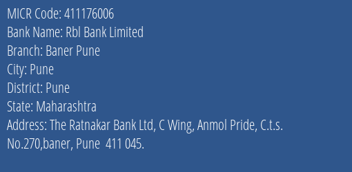 Rbl Bank Limited Baner Pune MICR Code