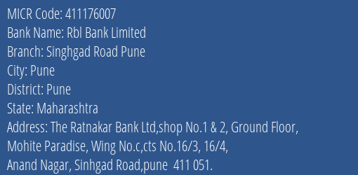 Rbl Bank Limited Singhgad Road Pune MICR Code