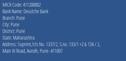 Deustche Bank Pune MICR Code