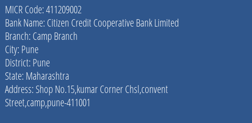 Citizen Credit Cooperative Bank Limited Camp Branch MICR Code