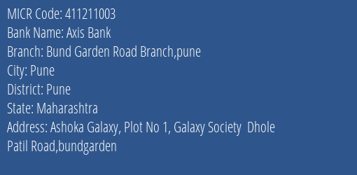 Axis Bank Bund Garden Road Branch Pune MICR Code
