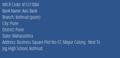 Axis Bank Kothrud Pune MICR Code
