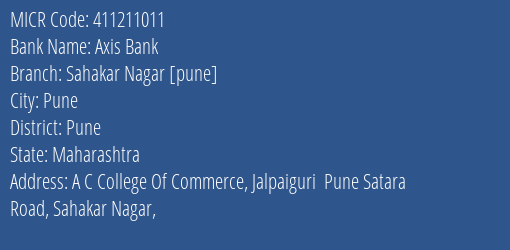 Axis Bank Sahakar Nagar [pune] MICR Code
