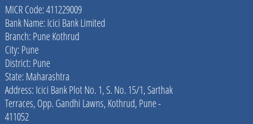 Icici Bank Limited Pune Kothrud MICR Code