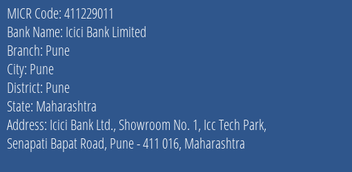 Icici Bank Limited Pune MICR Code