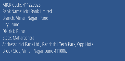 Icici Bank Limited Viman Nagar Pune MICR Code