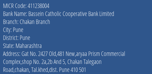 Bassein Catholic Cooperative Bank Limited Chakan Branch MICR Code