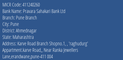 Pravara Sahakari Bank Ltd Pune Branch MICR Code