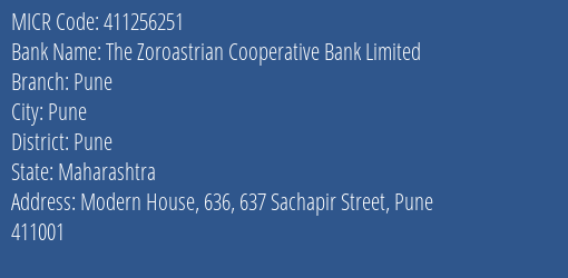 The Zoroastrian Cooperative Bank Limited Pune MICR Code