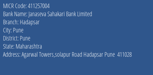 Janaseva Sahakari Bank Limited Hadapsar MICR Code