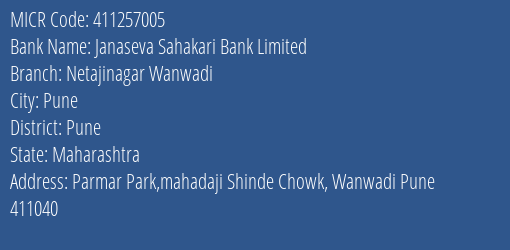 Janaseva Sahakari Bank Limited Netajinagar Wanwadi MICR Code