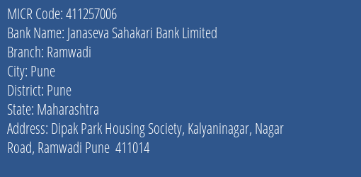 Janaseva Sahakari Bank Limited Ramwadi MICR Code